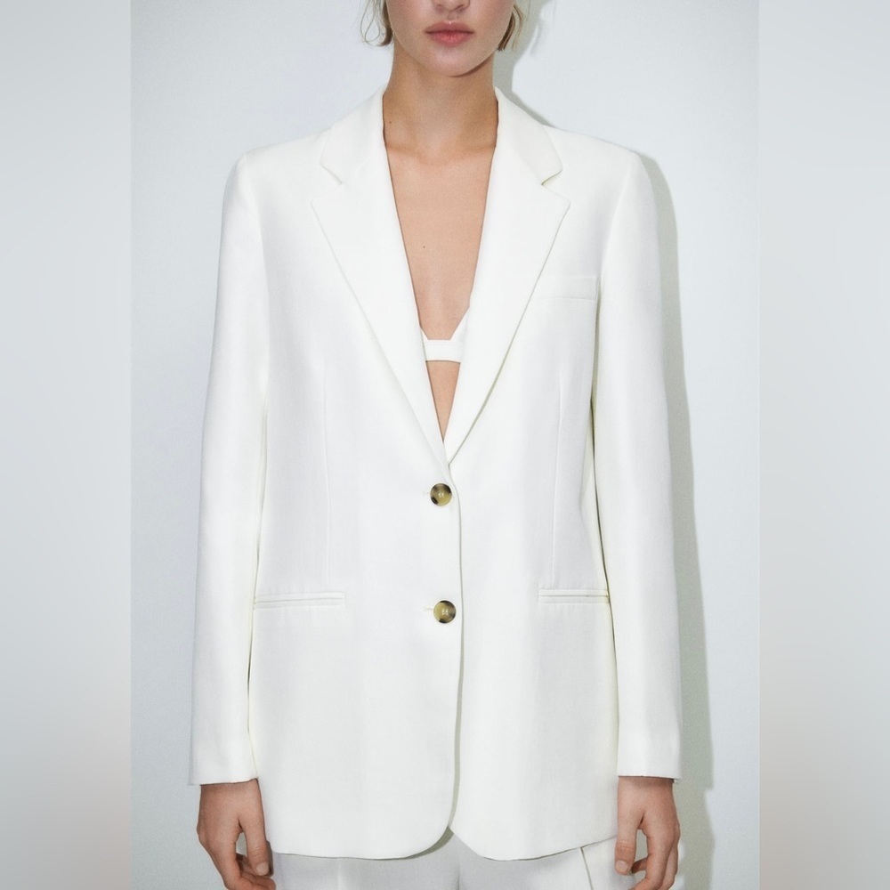 Zara Blogger’s Fav Oyster White Straight Cut Out Blazer with Lapel Collar Sz XL‎ - Picture 4 of 16